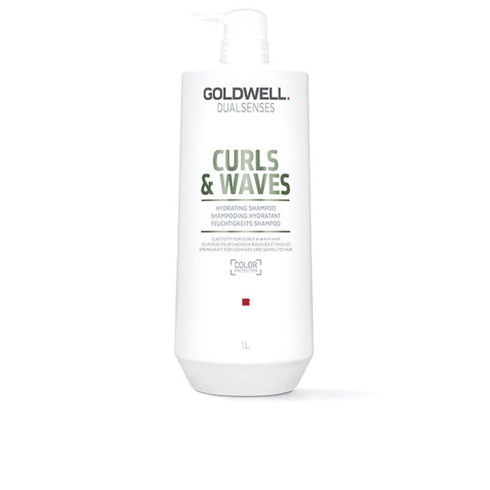 Goldwell Dual Senses Curls & Waves Shampoo. Flacone bianco con dosatore. Nome del prodotto in verde. 1L.
