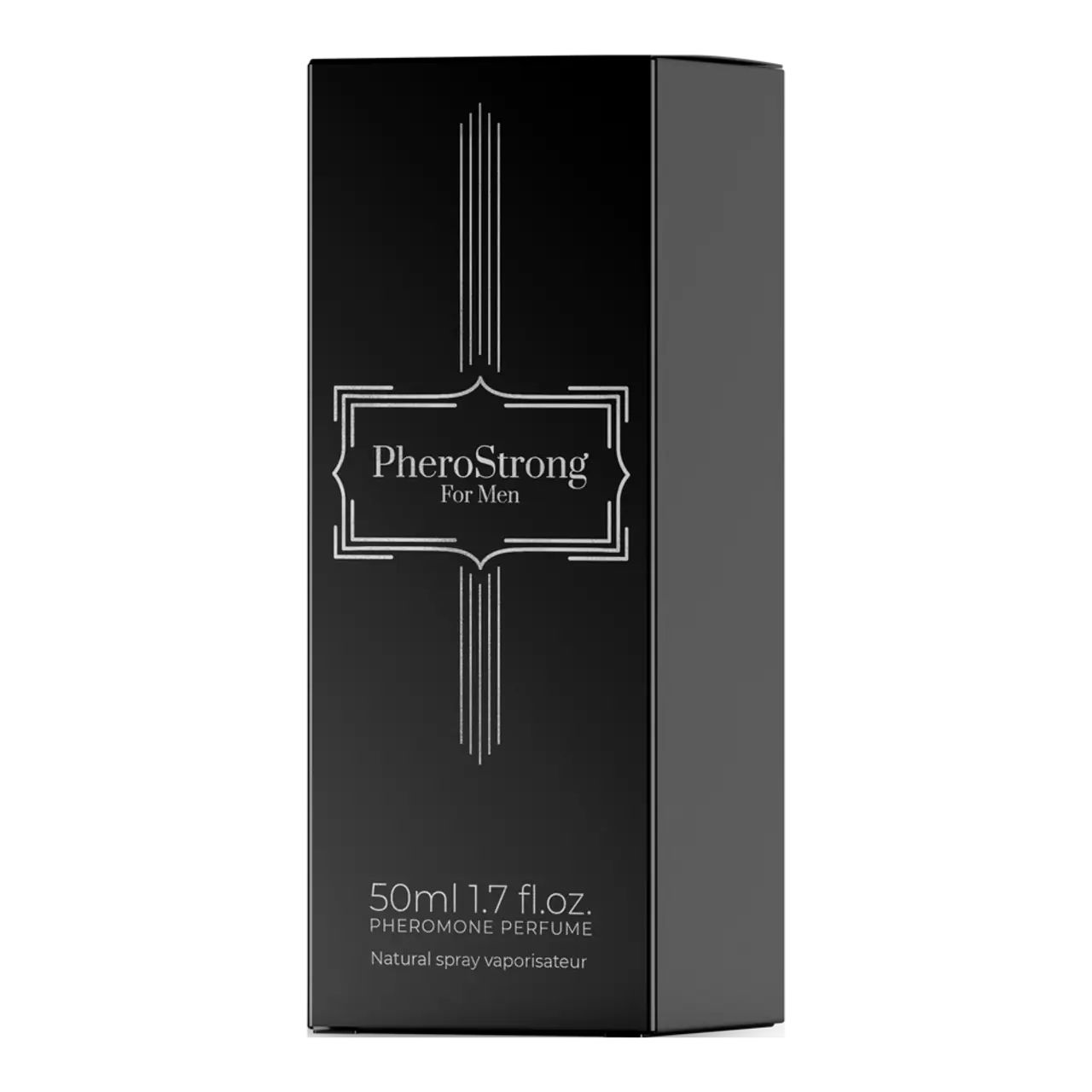 Confezione nera per PheroStrong per uomo. Scritta: PheroStrong For Men, 50ml 1.7 fl.oz. Pheromone Perfume.