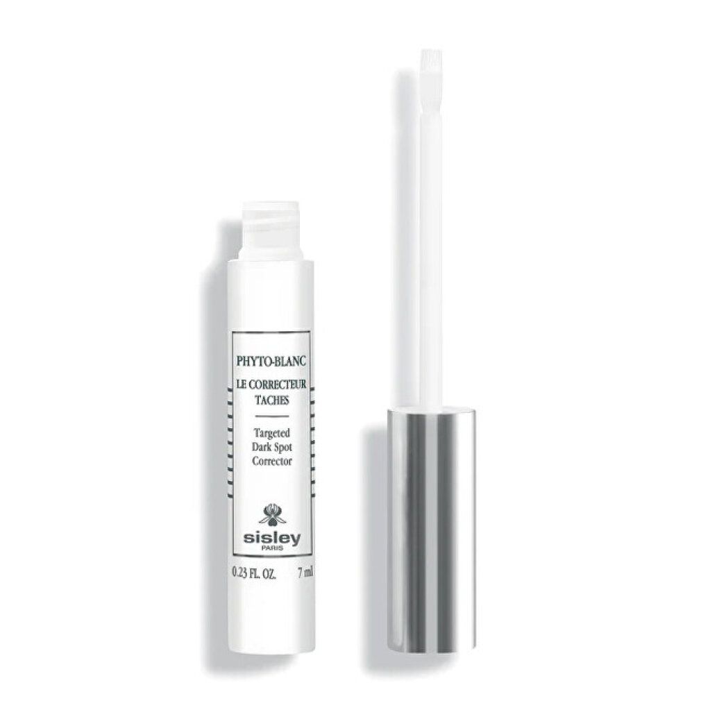 Siero bianco con tappo argentato e applicatore. Scritta: PHYTO-BLANC, LE CORRECTEUR TACHES, Targeted Dark Spot Corrector. Marchio: Sisley.