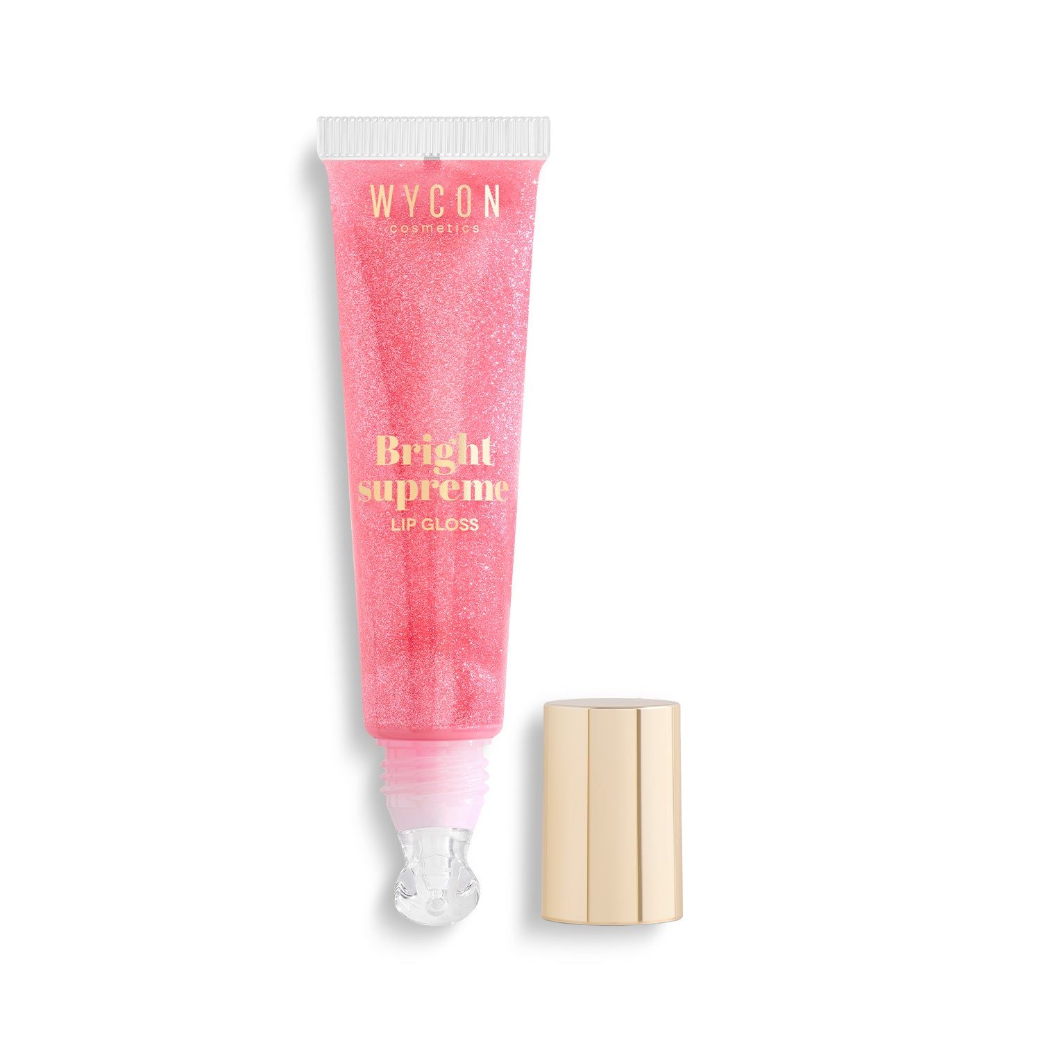 Lucidalabbra WYCON Cosmetics. Tubetto rosa, tappo dorato accanto. Scritta: Bright supreme LIP GLOSS. Applicatore visibile.