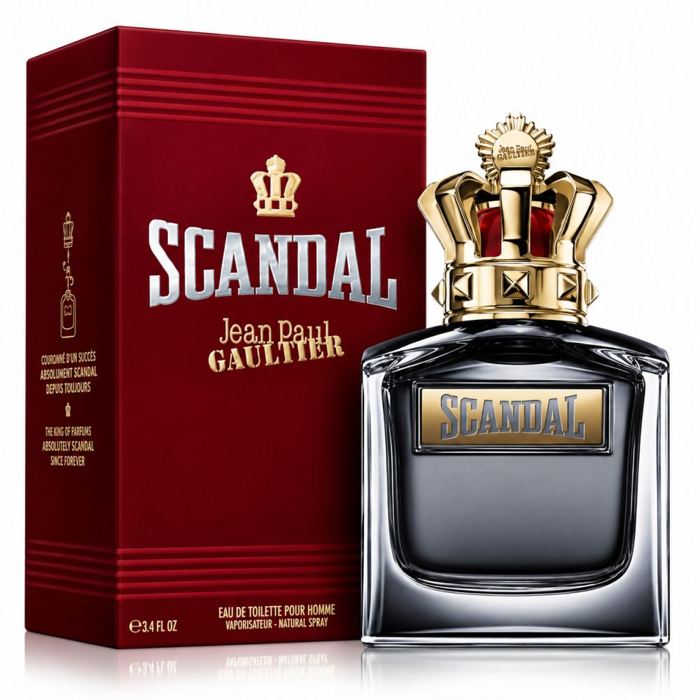 Flacone e scatola Jean Paul Gaultier Scandal Pour Homme Eau de Toilette Spray con motivo a corona.