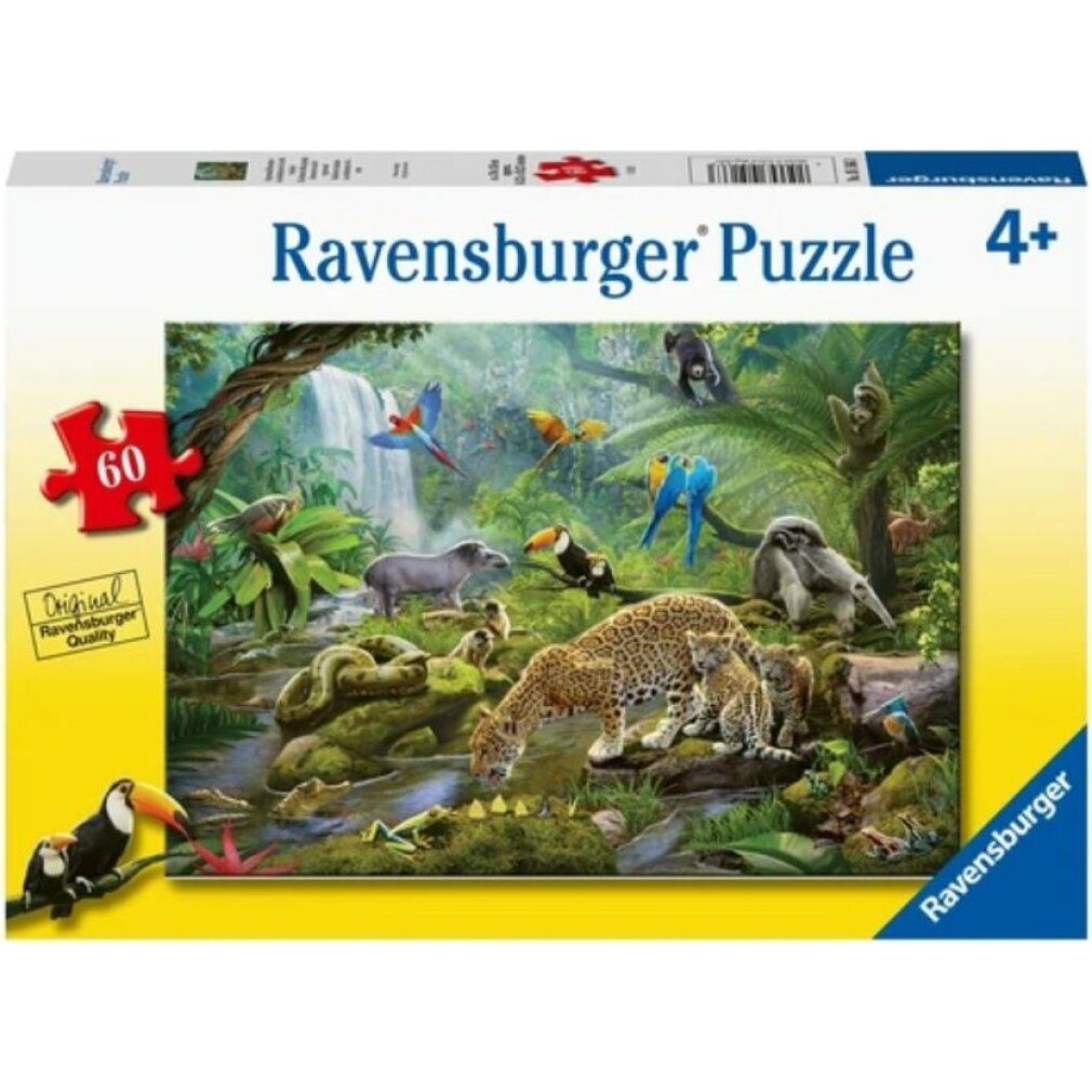 Puzzle Ravensburger, 60 pezzi, puzzle della giungla con animali. Confezione con motivo puzzle e logo.