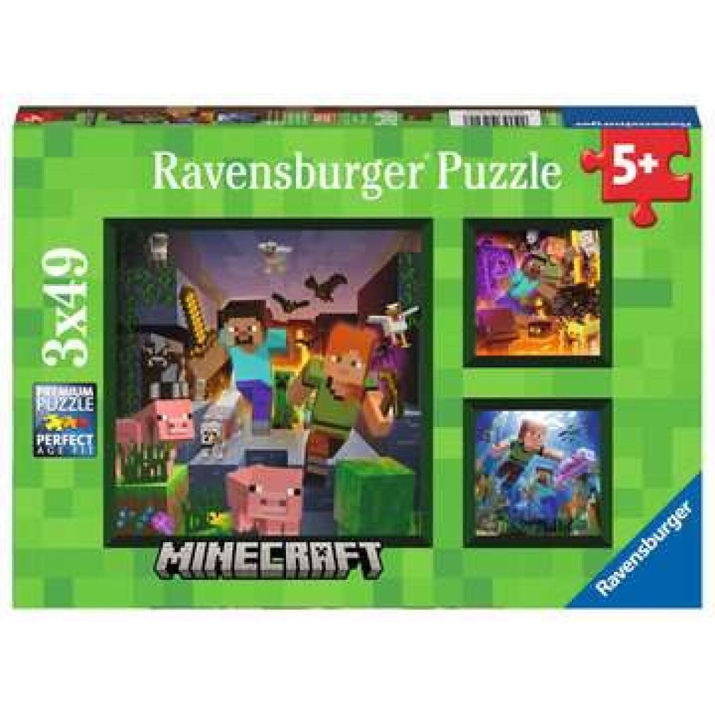 Scatola puzzle con tre immagini Minecraft. Scritto: Ravensburger Puzzle, 3x49 pezzi, 5+. Logo Minecraft.