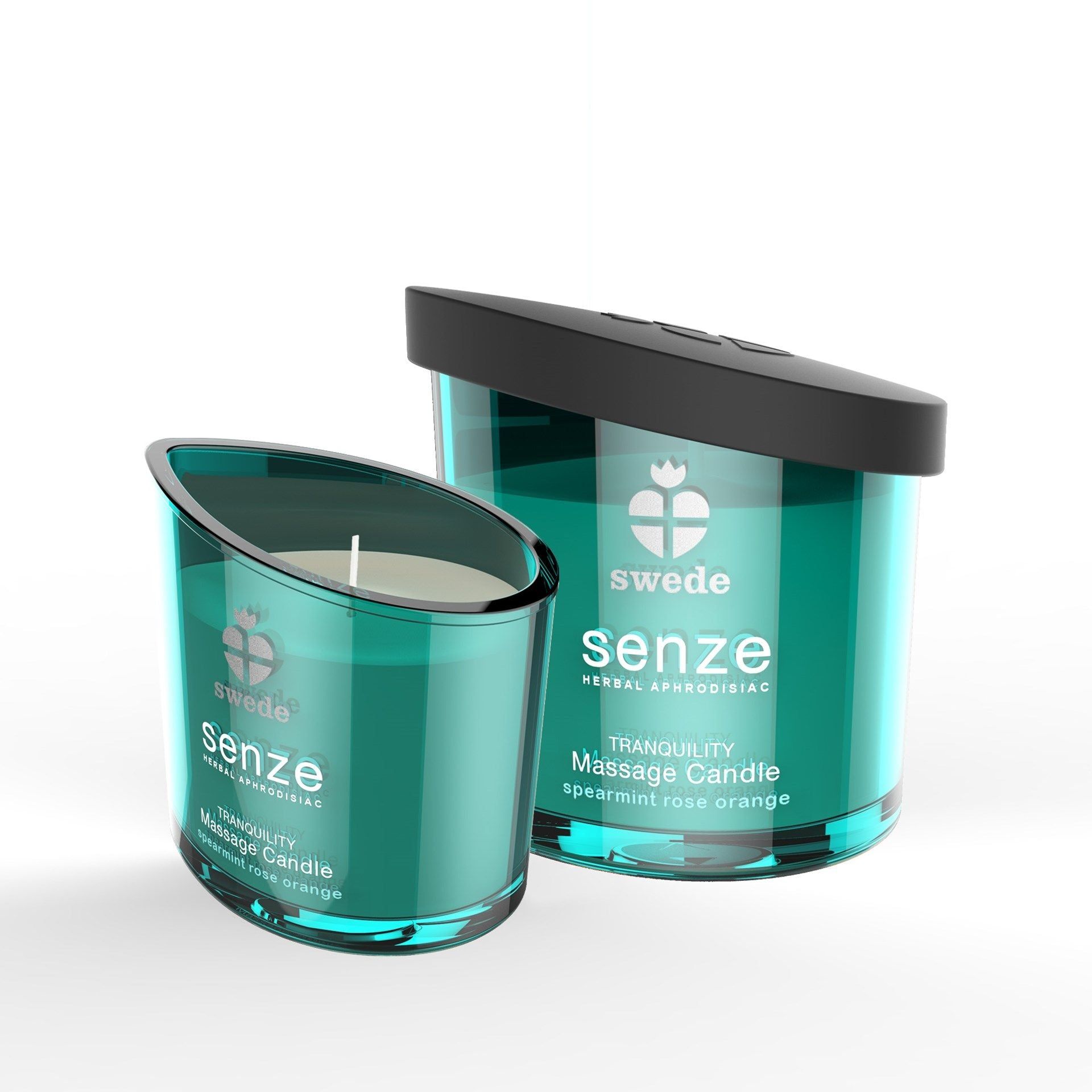 Due candele da massaggio verdi. Scritta: swede, senze, Tranquility Massage Candle, Spearmint Rose Orange.
