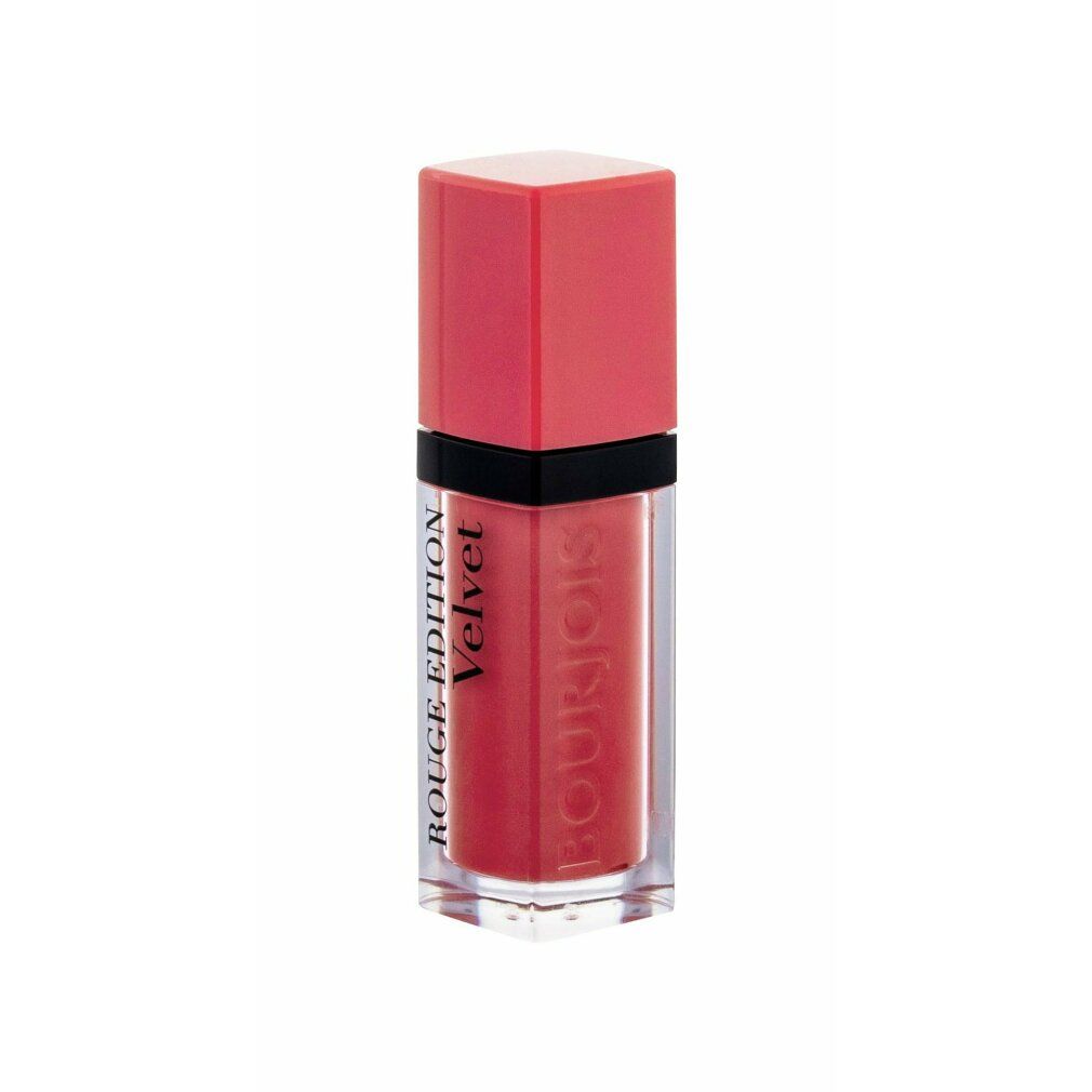 Rossetto rosa. Forma rettangolare, fascia nera, cappuccio rosa. Scritta: Rouge Edition Velvet.