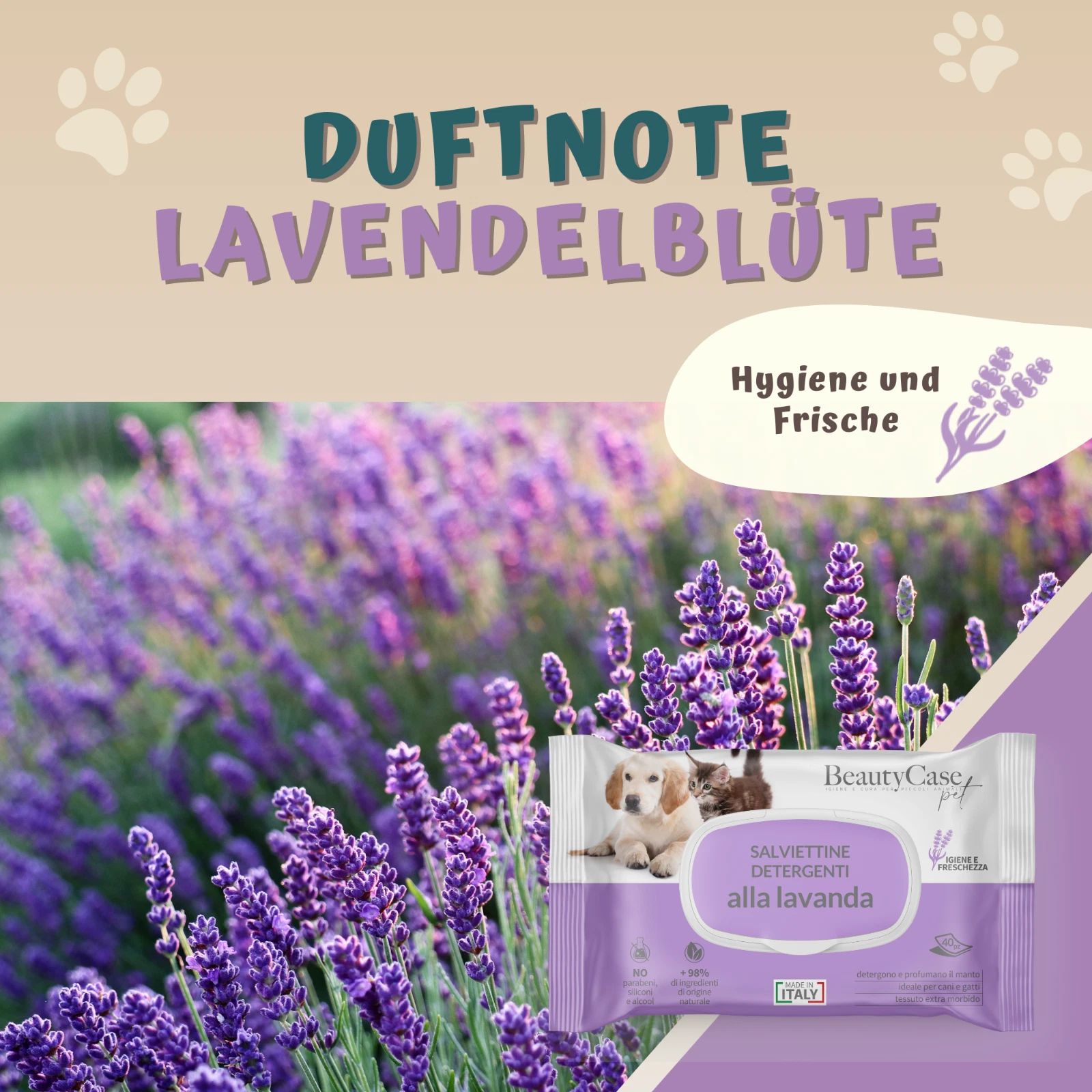 Immagine del prodotto con fiori di lavanda. Testo: Nota profumo fiore di lavanda. Confezione delle salviettine. Marchio: BeautyCase Pet.