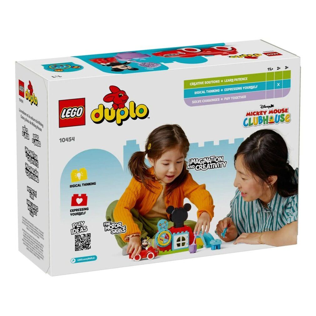 Confezione LEGO DUPLO. Bambini che giocano con il set. Include edificio, auto, personaggio di Mickey Mouse. Testo: LEGO DUPLO.