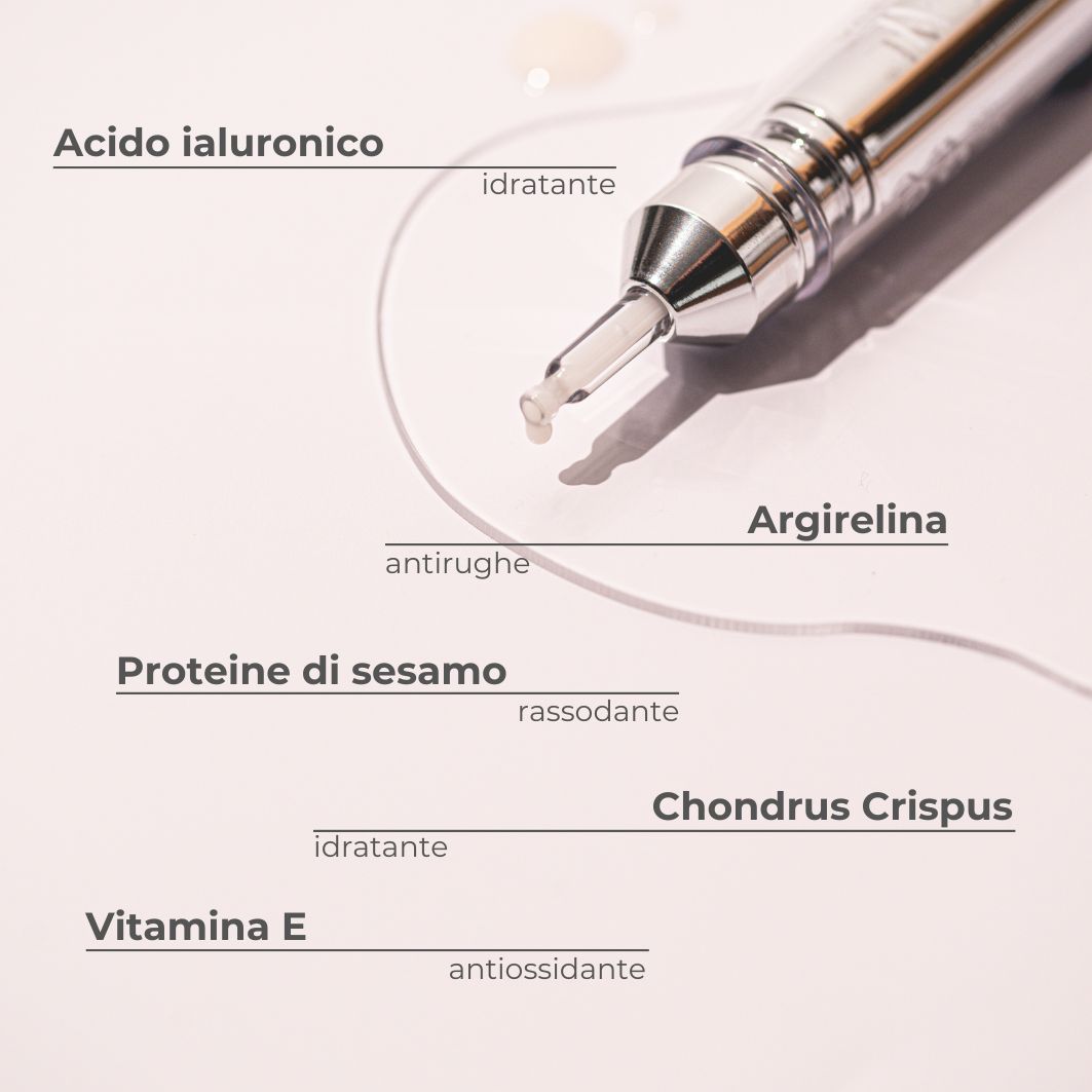 Flacone di siero con testo. Scritta: BEAUTICAL Instant Lifting Serum.