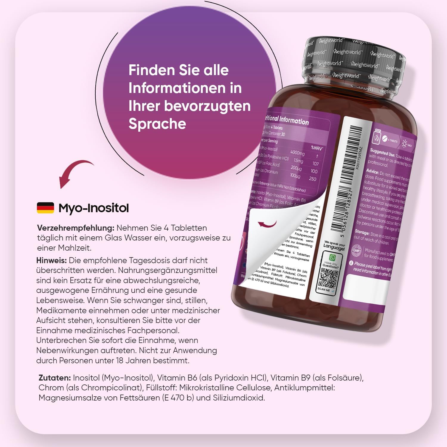 Flacone WeightWorld MYO-INOSITOL con informazioni in tedesco. Dosaggio: 4 compresse al giorno. Contiene ingredienti.