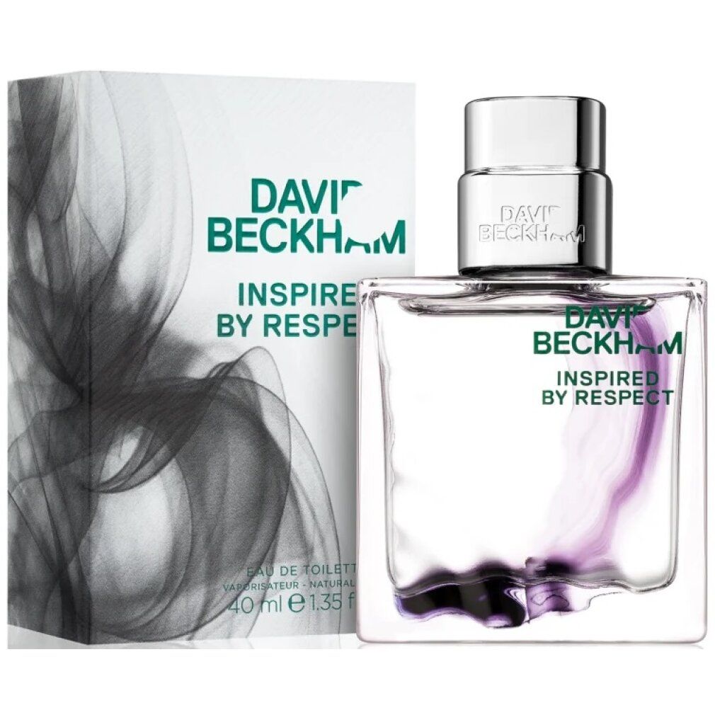 Flacone e confezione. Flacone con liquido viola. Confezione con scritta: DAVID BECKHAM INSPIRED BY RESPECT. 40 ml.
