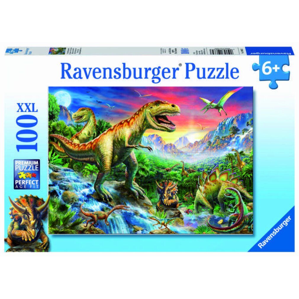 Scatola puzzle con dinosauri. Scritta: Ravensburger Puzzle, 100 pezzi, XXL. Età consigliata: 6+.