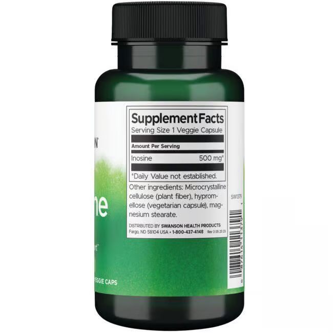 Retro del flacone verde. Etichetta con informazioni nutrizionali: Inosina 500 mg. Altri ingredienti e informazioni produttore.
