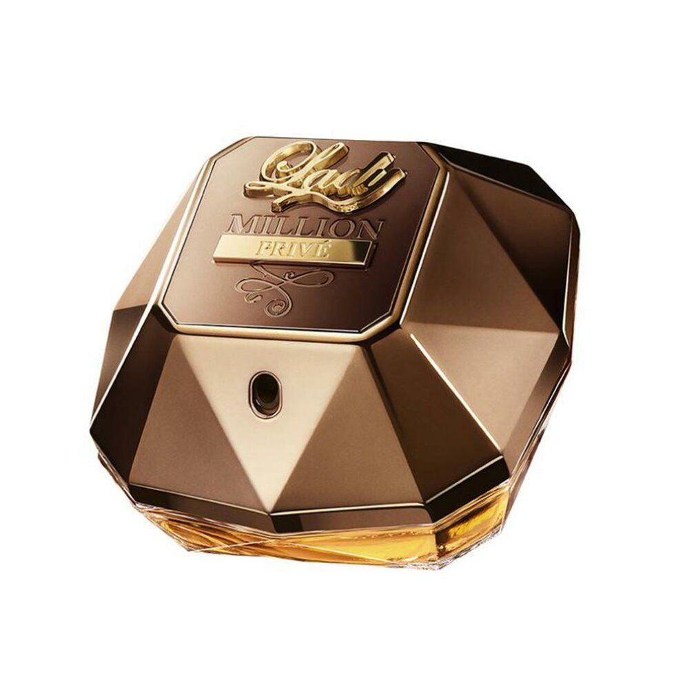 Flacone di profumo marrone. Scritta: Lady Million Privé. Forma angolare, dettagli dorati. Primo piano.