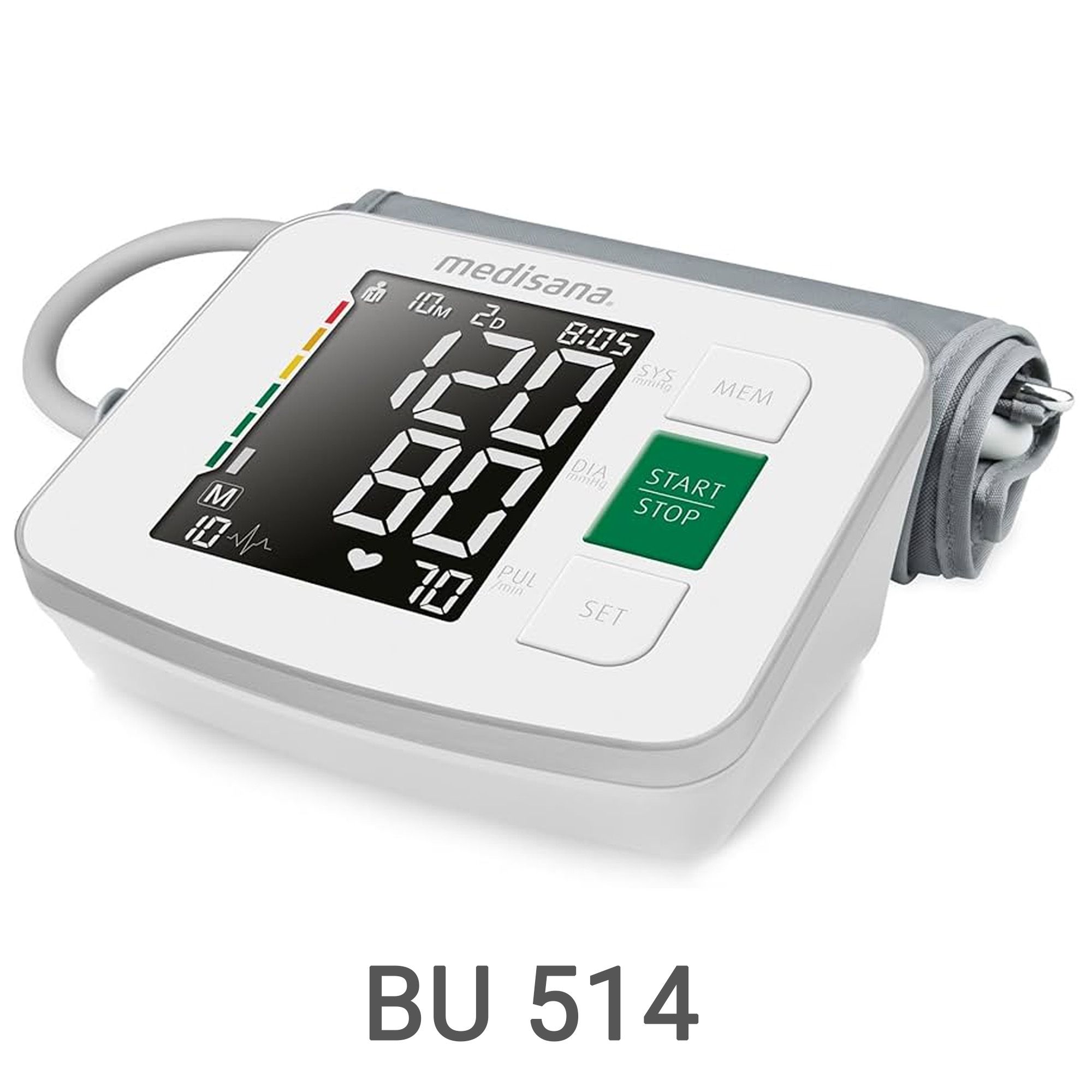 Misuratore di pressione Medisana BU 514 con display digitale per pressione sistolica, diastolica e polso.