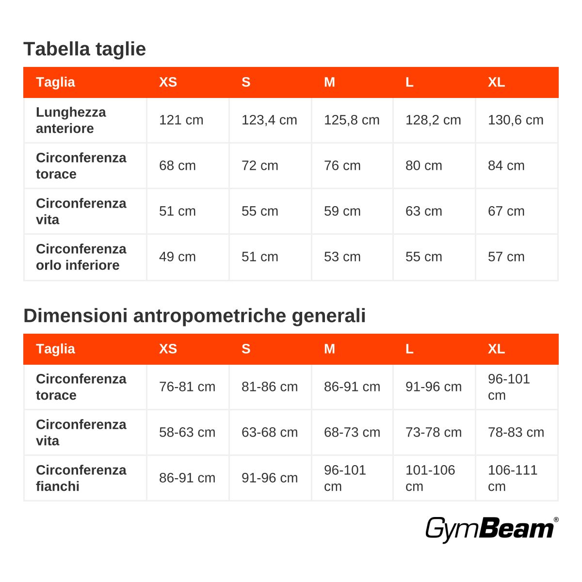 Tabella taglie per tute da donna con dimensioni antropometriche generali in cm.