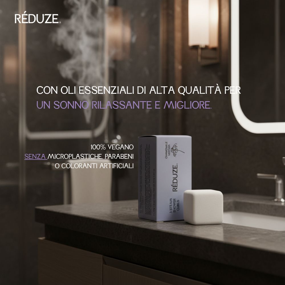 Una scatola e un cubetto doccia. Sulla scatola c'è RÉDUZE. 100% vegano, senza microplastiche.
