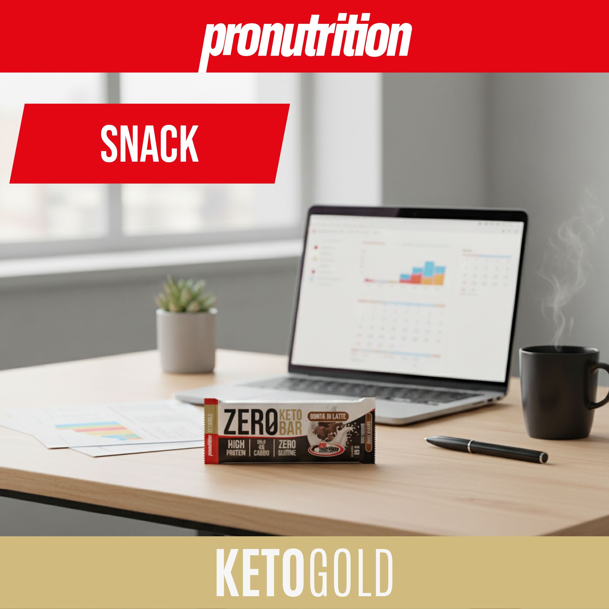 Barretta su scrivania con laptop, tazza e penna. Scritta: Zero Keto Bar, High Protein, Zero Gluten.