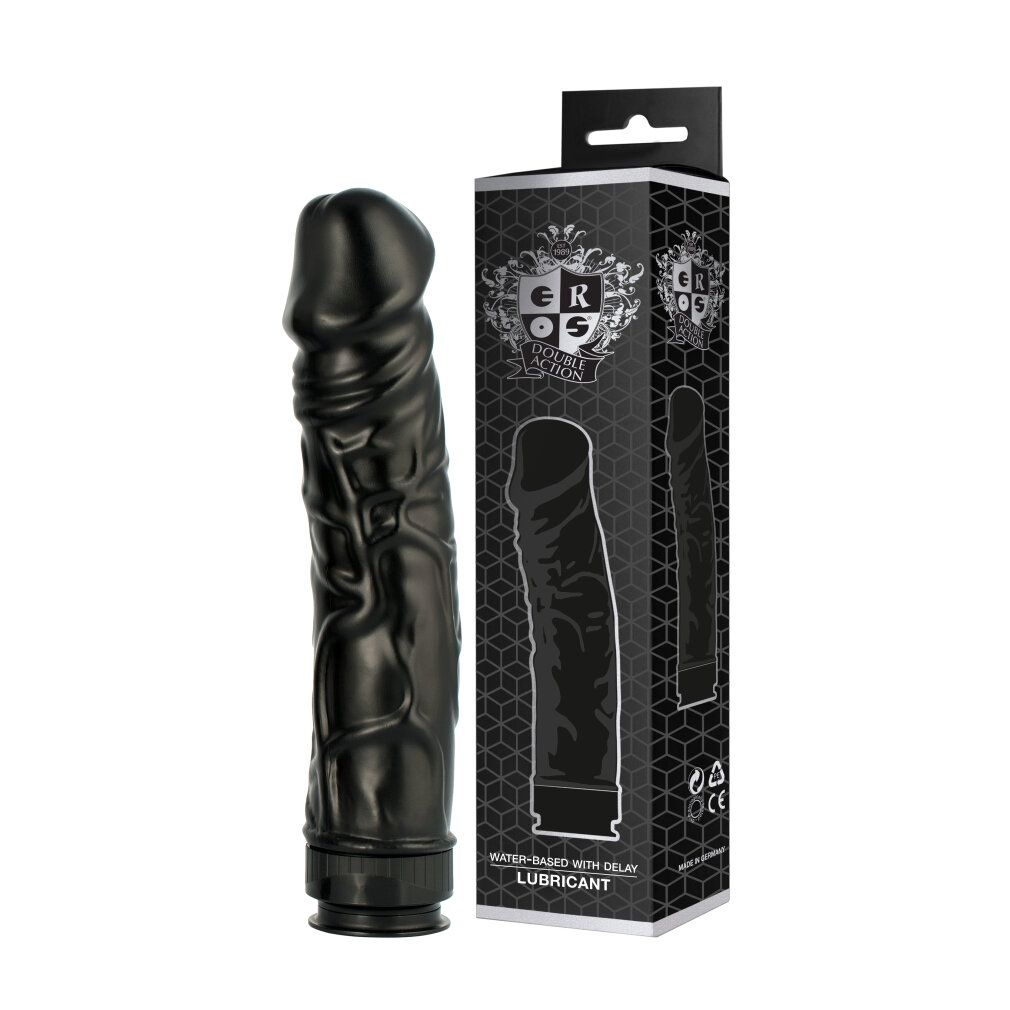 Sextoy nero accanto a confezione nera. Confezione con immagine del prodotto. Testo: EROS, Water-Based with Delay Lubricant.