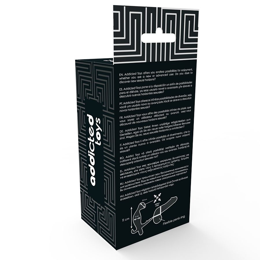 Retro della confezione. Testo multilingue. Illustrazione del prodotto. Marca: Addicted Toys. Anelli per il pene flessibili.