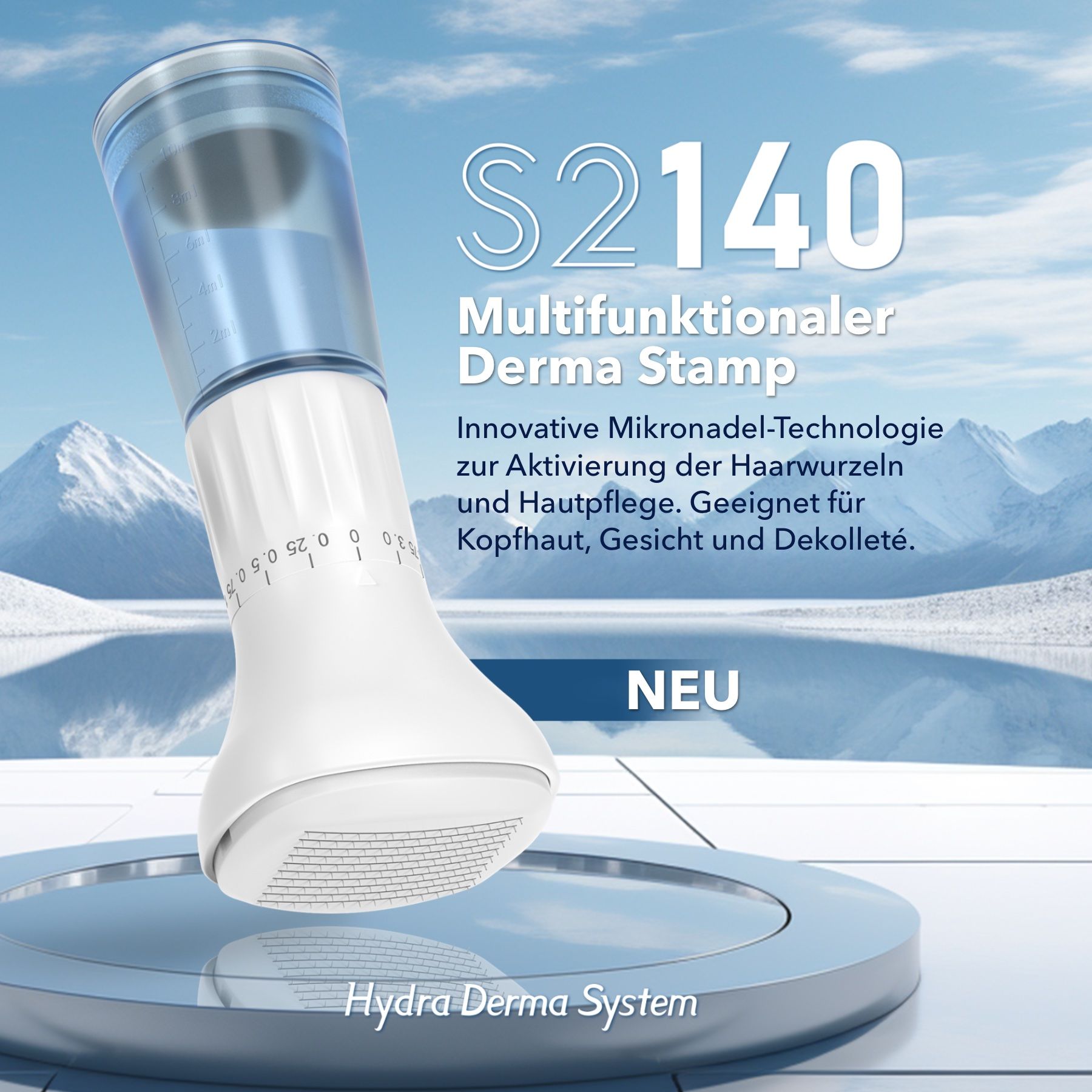 Dermastamp bianco con serbatoio blu. Testo: S2 140, Dermastamp multifunzionale. Sfondo: paesaggio montano. Logo: Hydra Derma System.