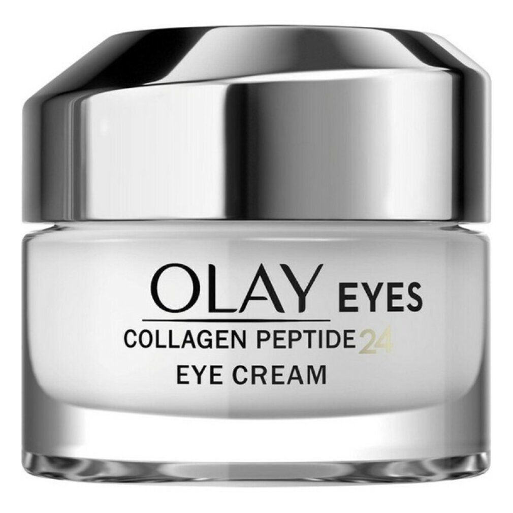 Vaso di crema con coperchio argentato. Scritta: Olay Eyes Collagen Peptide 24 Eye Cream.