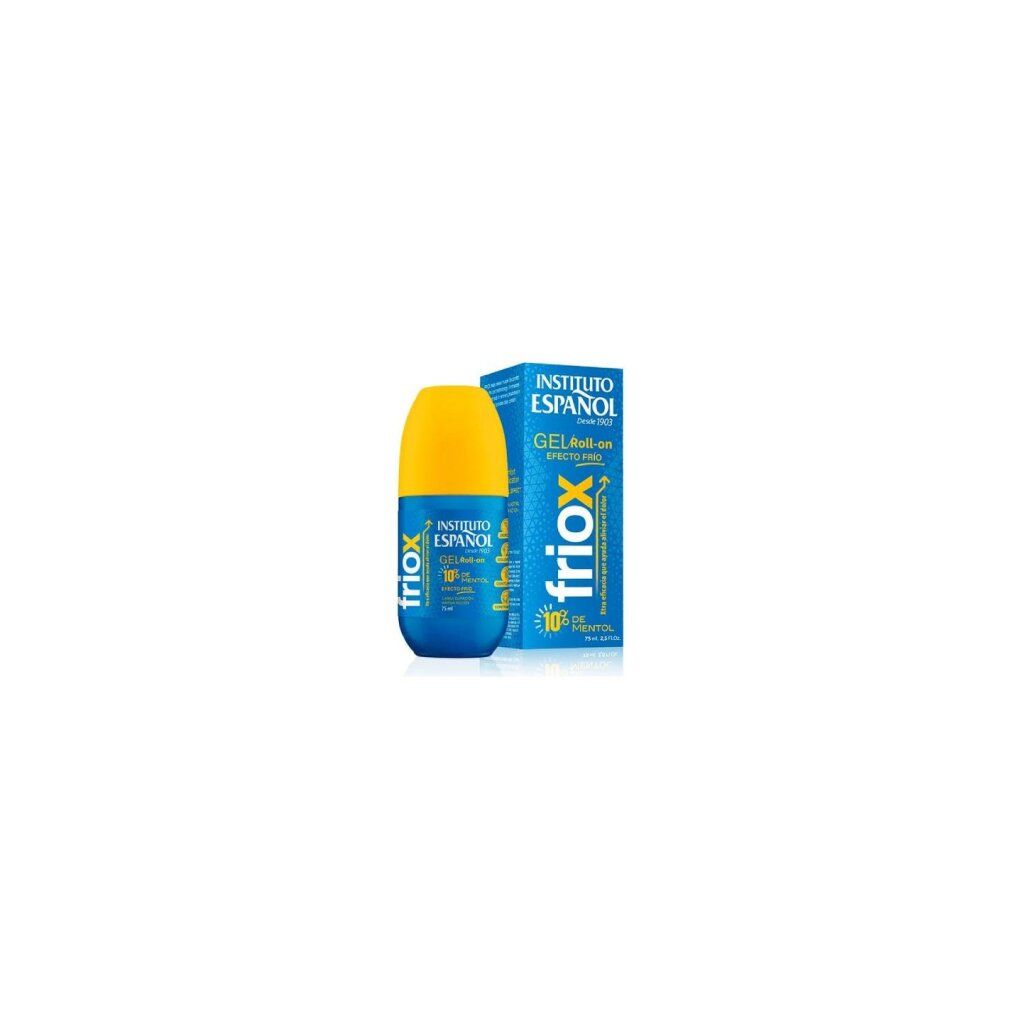 Deodorante roll-on blu con tappo giallo e confezione. Scritte: friox, INSTITUTO ESPAÑOL, GEL Roll-on.