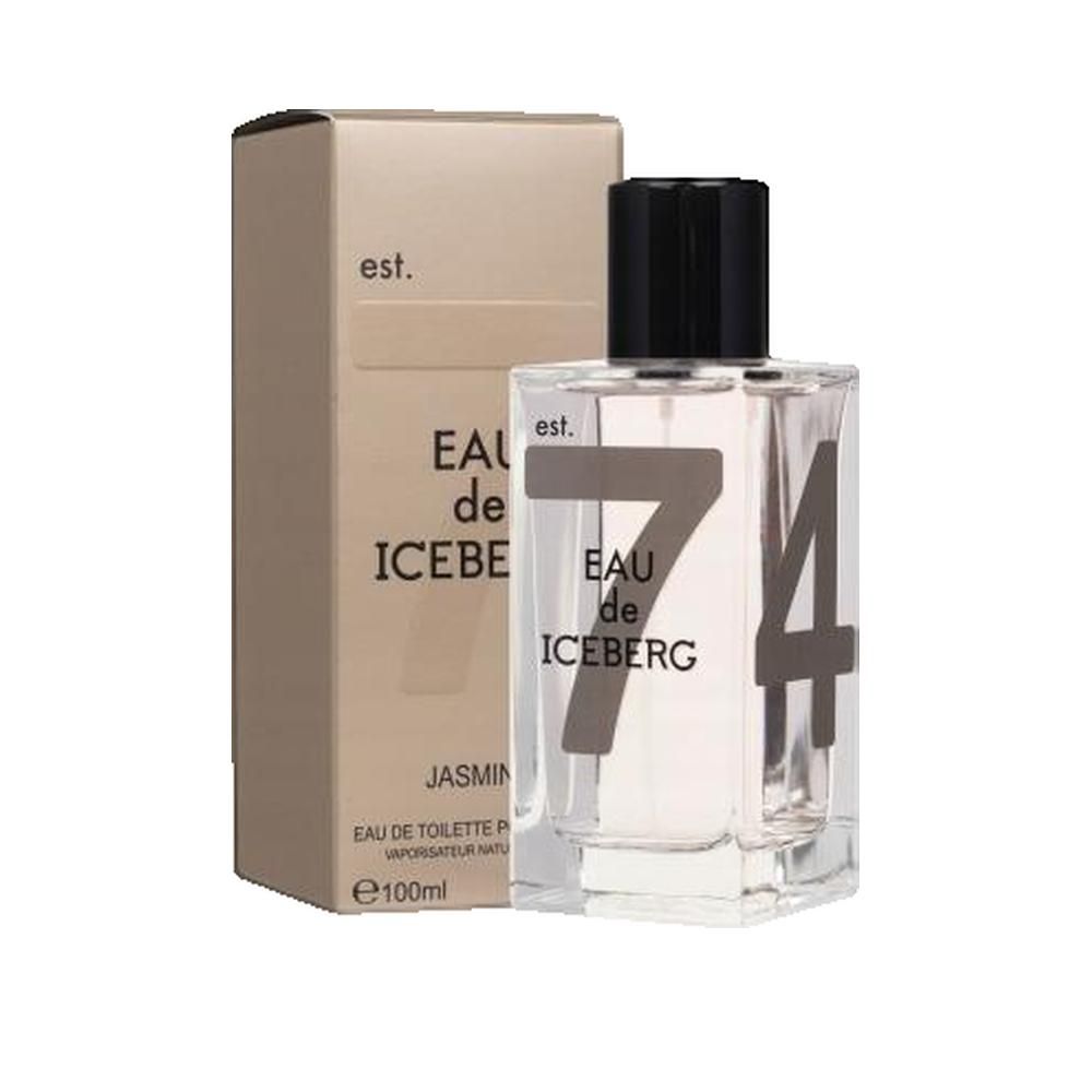 Flacone di vetro con tappo nero e confezione. Scritta "EAU de ICEBERG 7".