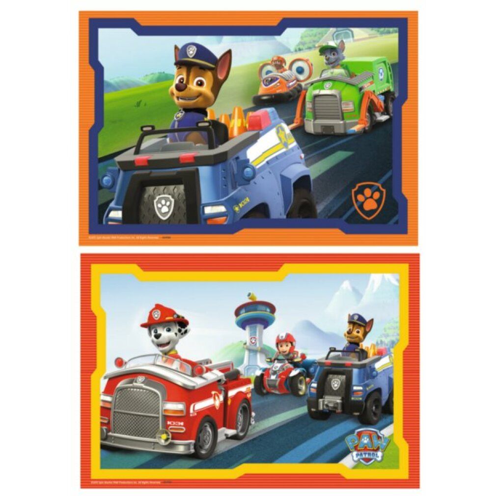 Due pezzi di puzzle con motivi Paw Patrol. Sopra: Chase in auto della polizia. Sotto: Marshall in autopompa. Entrambi su pista.