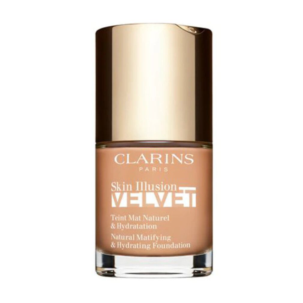 Fondotinta Clarins Skin Illusion Velvet. Flacone con tappo dorato. Testo: Natural Mattifying & Hydrating Foundation.