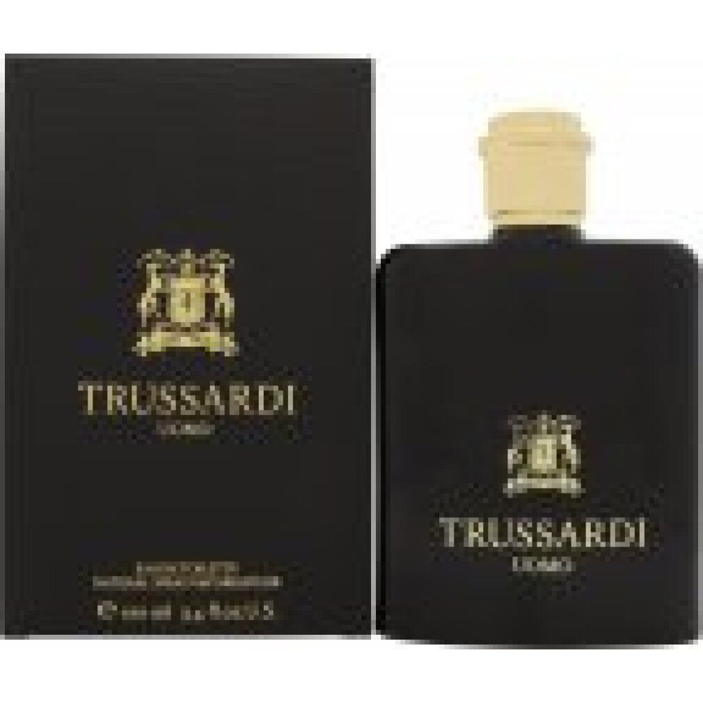 Flacone e scatola neri con logo dorato e scritta TRUSSARDI UOMO. Eau de Toilette.