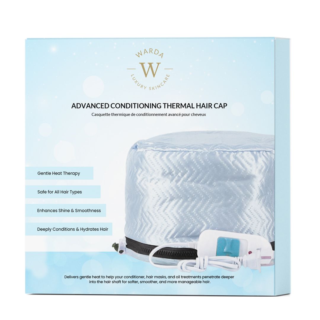 Confezione della cuffia termica. Sulla confezione si legge "Warda Luxury Skincare" e "Advanced Conditioning Thermal Hair Cap".
