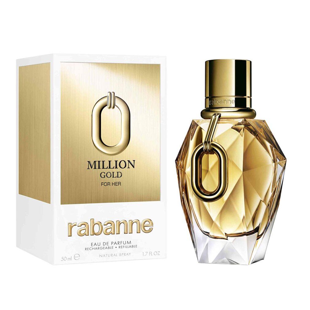 Flacone e confezione dorati. Scritta: Million Gold for Her, Rabanne. Ricaricabile, 50 ml.