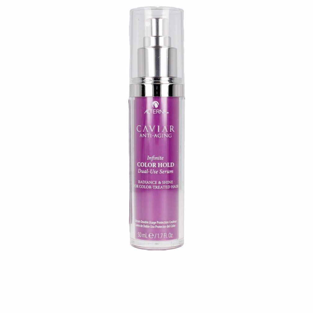 Flacone di siero con pompa argentata e liquido viola. Scritta: Caviar Anti-Aging, Infinite Color Hold Dual-Use Serum.
