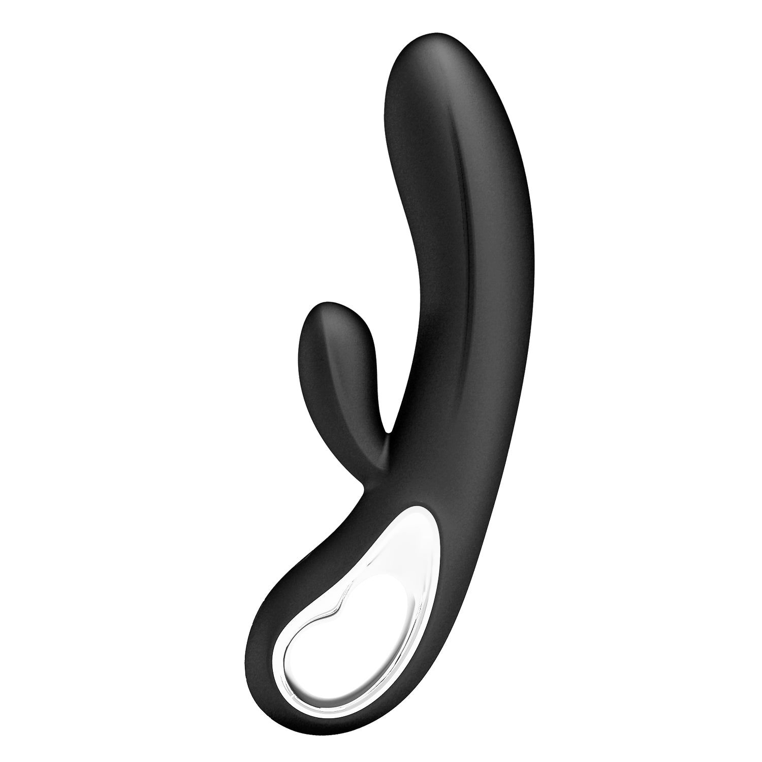 Prodotto benessere nero, forma curva con sporgenza. Dettagli argentati.