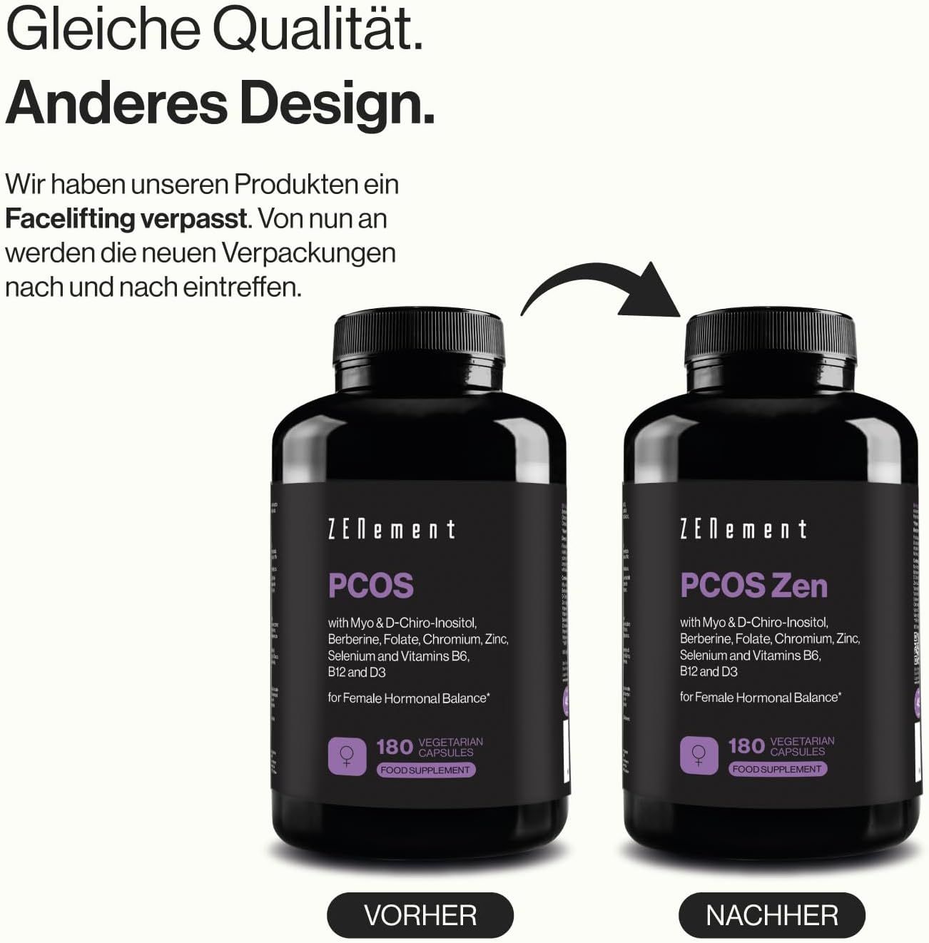 Confronto tra due flaconi PCOS Zen. Stessa qualità, design diverso. Prima e dopo.