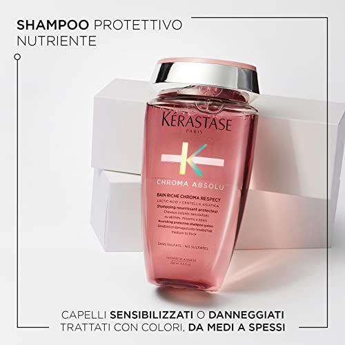 Kérastase Chroma Absolu Bain Riche Chroma Respect Shampoo. Flacone rosa. Testo: Shampoo protettivo nutriente. Per capelli colorati.