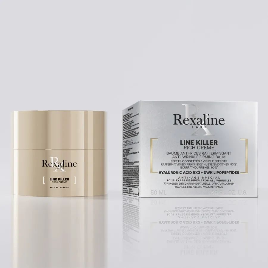 Vaso di crema beige e scatola con scritta nera: Rexaline Line Killer Rich Creme. Scatola con testo.