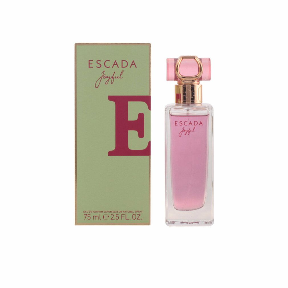 Flacone di Escada Joyful Eau de Parfum Spray e confezione. Flacone con liquido rosa, tappo rosa, confezione verde con scritta.