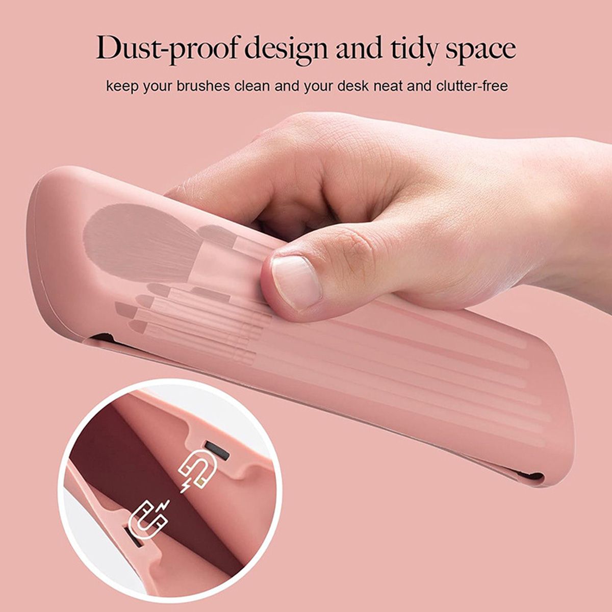 Portaspazzole per trucco rosa con coperchio antipolvere e chiusura magnetica. Mostra pennelli all'interno.