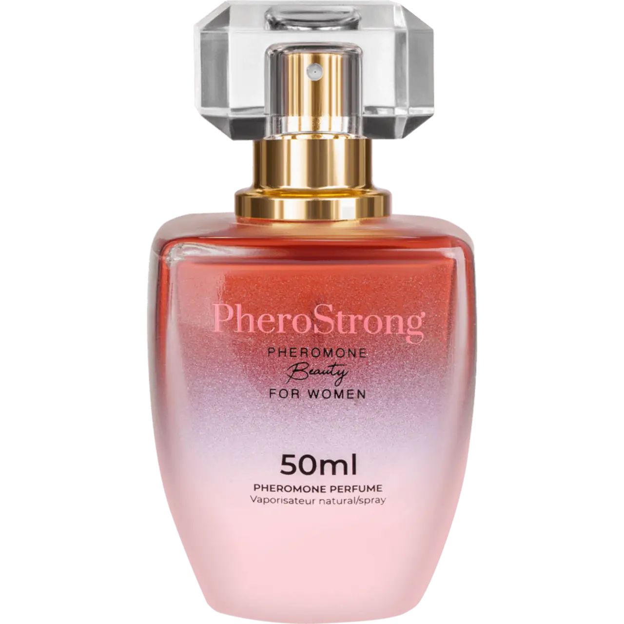 Flacone di profumo sfumato rosa, collo dorato, tappo trasparente. Nome e dettagli del prodotto visibili sul flacone.