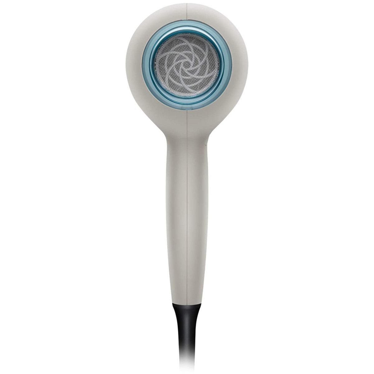 Asciugacapelli bianco con bordo blu. Cavo nero.