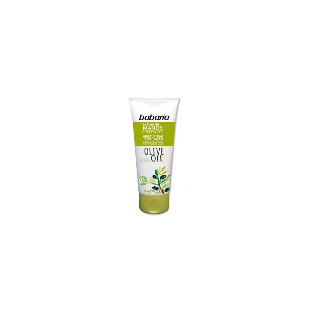 Tubo crema mani Babaria con logo olio d'oliva. Testo: Crema de Manos, Hidratación intensa. Confezione verde e bianca.