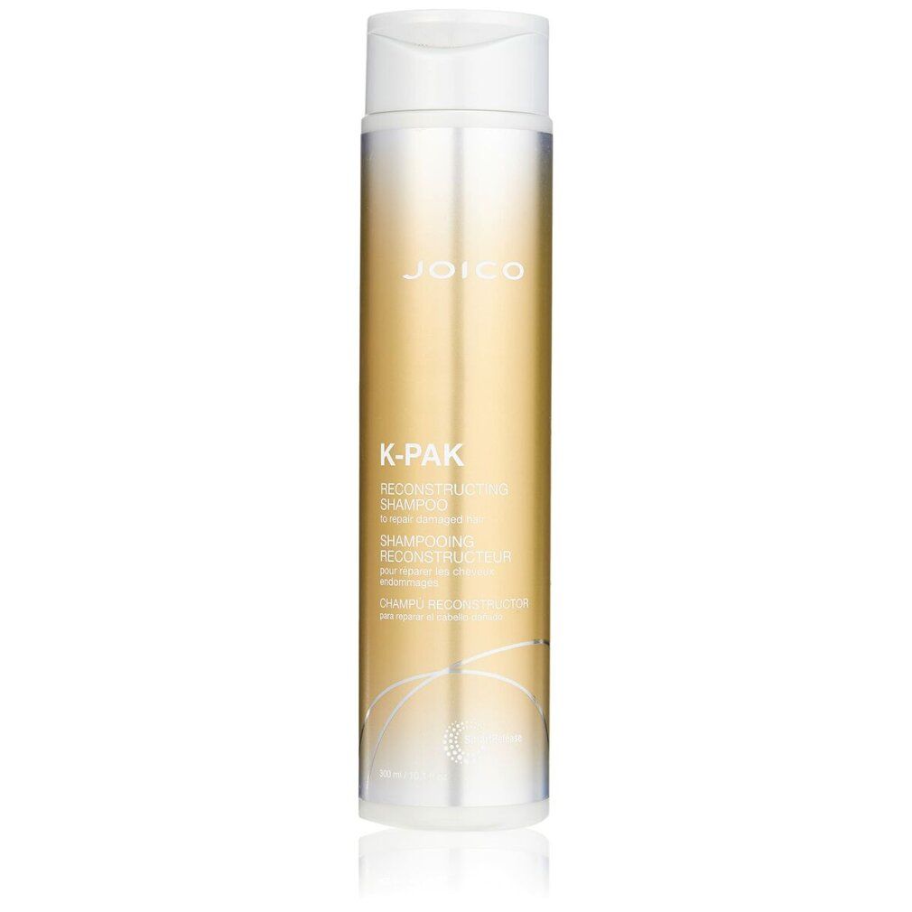 Flacone Joico K-Pak Shampoo. Oro e bianco. Scritte: K-Pak, Reconstructing Shampoo.