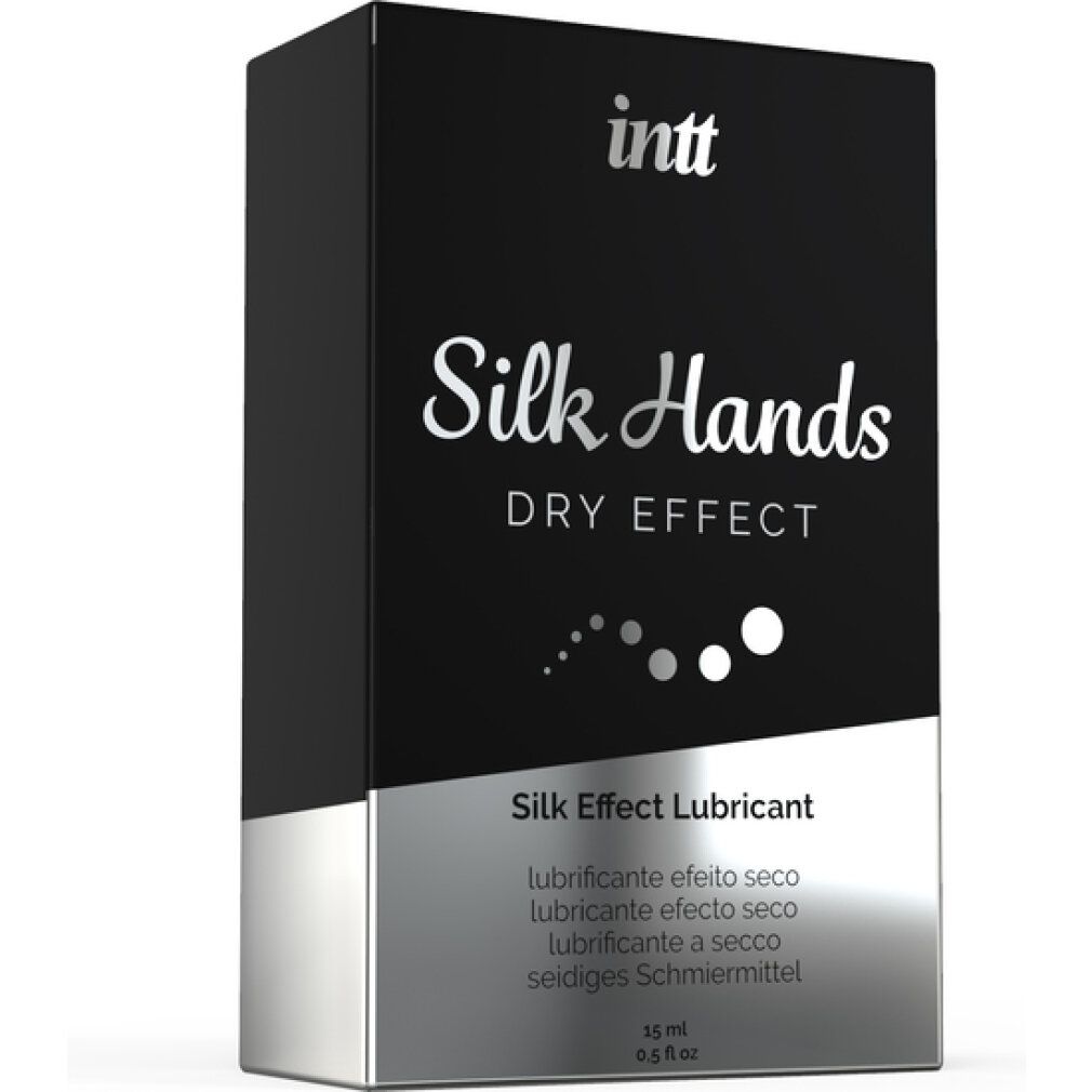 Confezione nera con dettagli argento. Scritte: intt, Silk Hands, DRY EFFECT, Silk Effect Lubricant.