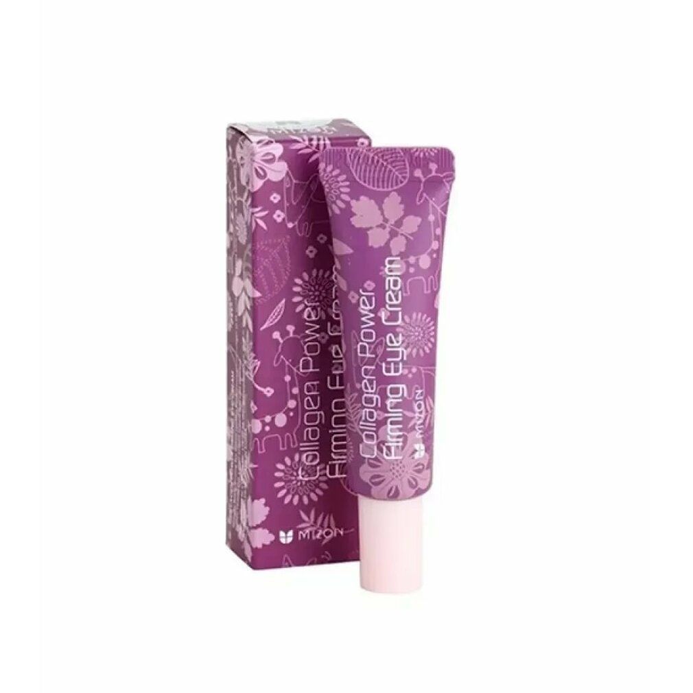 Tubo viola MIZON Collagen Power Firming Eye Cream e confezione. Motivi floreali. Tappo rosa. Testo: Collagen Power Firming Eye Cream.
