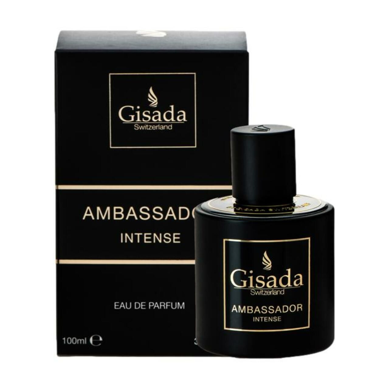Flacone e confezione neri. Scritta: Gisada Switzerland, Ambassador Intense, Eau de Parfum. 100ml.