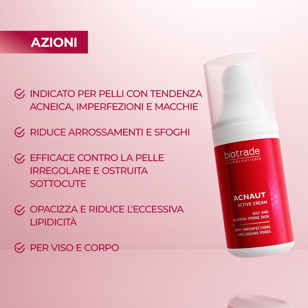 Testo con punti elenco. Descrive le azioni di ACNAUT ACTIVE CREAM. Per pelli impure, contro arrossamenti, ecc.