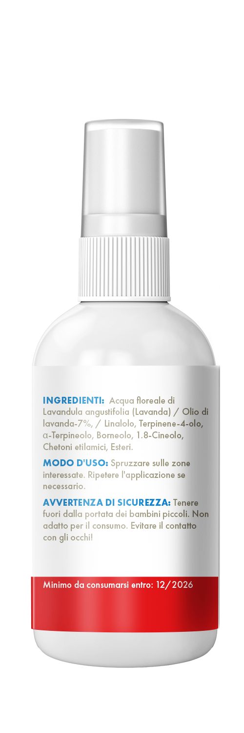 Flacone spray. Etichetta con ingredienti, istruzioni per l'uso e avvertenze di sicurezza. Scadenza 12/2026.