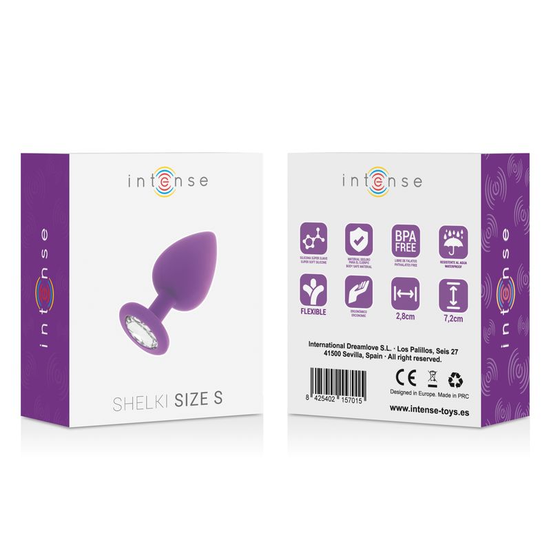Fronte e retro della confezione di un plug anale viola. Contiene informazioni sul prodotto e dimensioni.