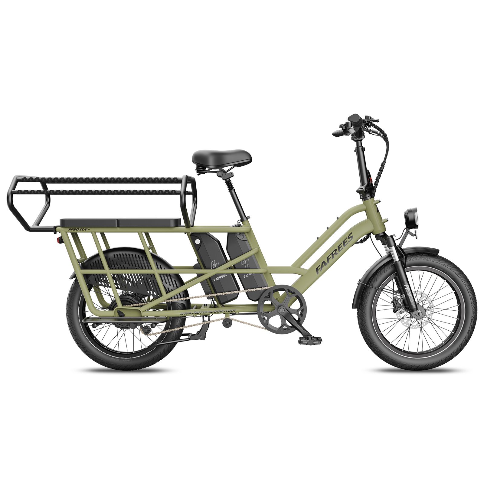 Bicicletta elettrica cargo verde, vista laterale, con due batterie e ampio portapacchi.